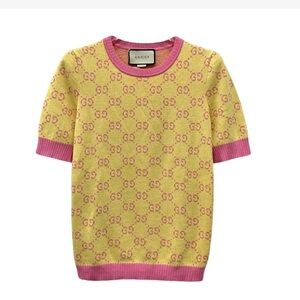 Gucci Women's Short Sleeve Sweater in Yellow and Pink L